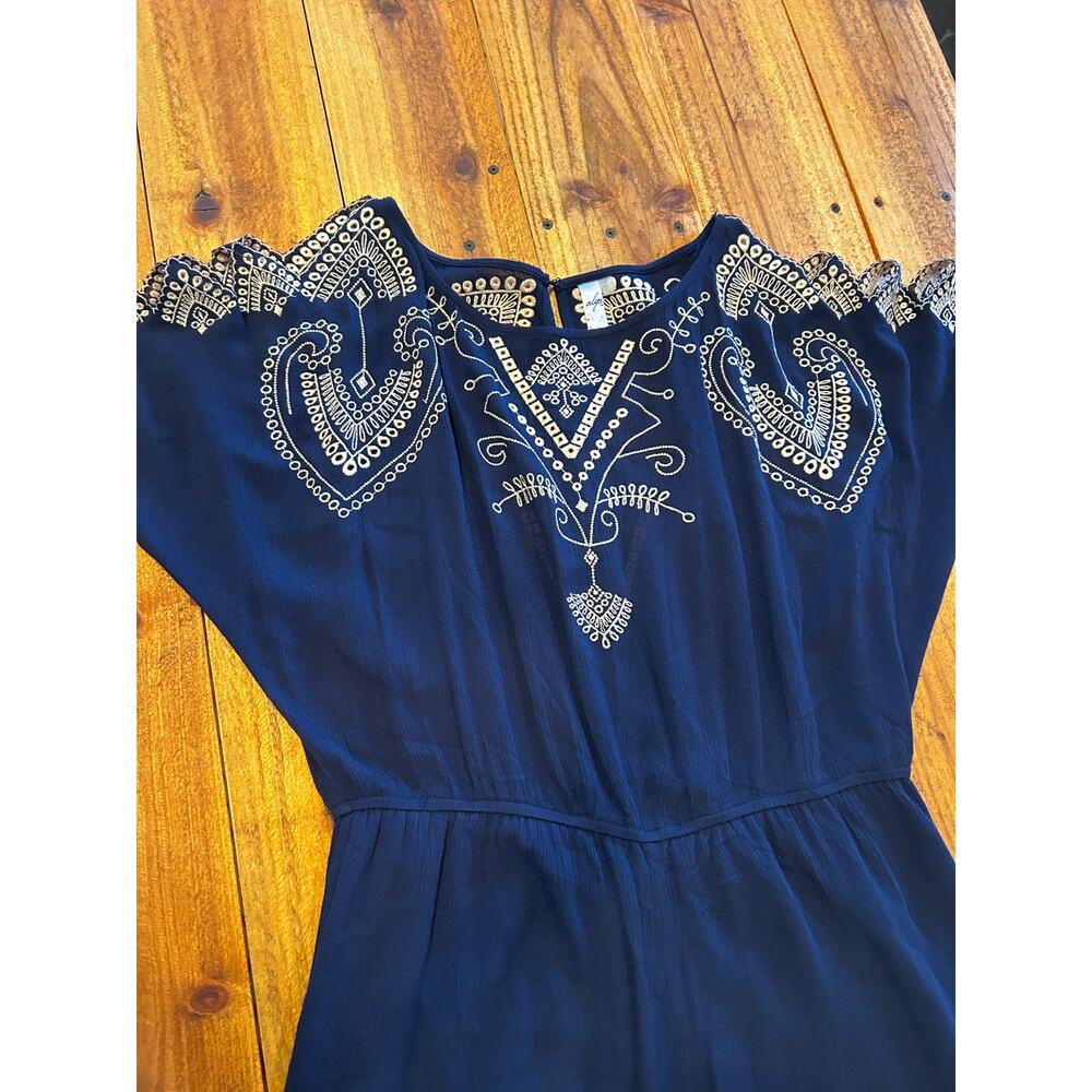 Alya Navy Blue Embroidered Boho Cold Shoulder Romper Cutout Flutter Sleeve S M - Picture 5 of 10